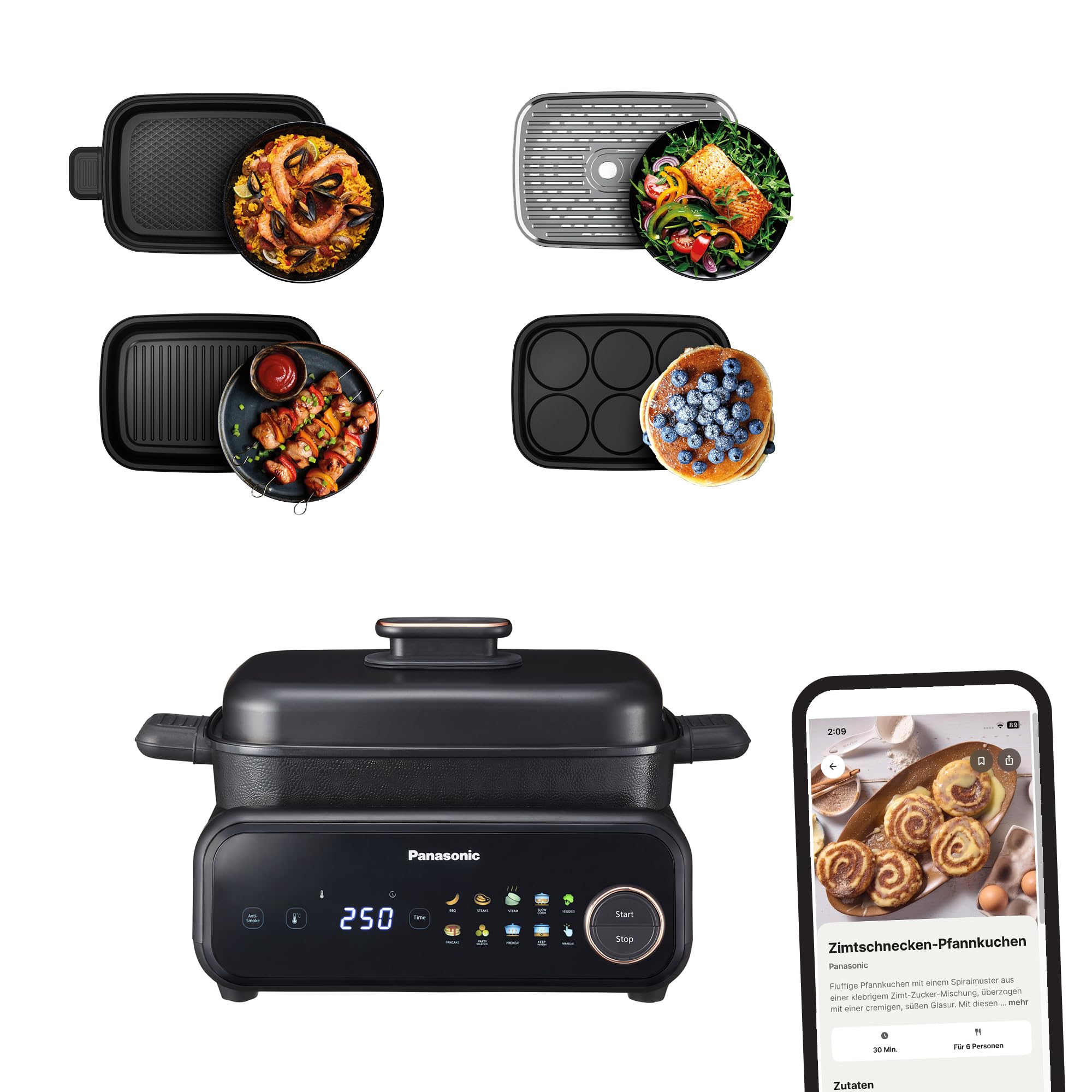 Panasonic NF-GM400 4-in-1 Elektro-Multikocher, Elektro Tischgrill, Braten, Slow Cook, BBQ, Dämpfen, Sautieren, 1400W, 40–250°C, 9 Auto-Modi, 4 Antihaftplatten, Rauchabsaugung, Schwarz