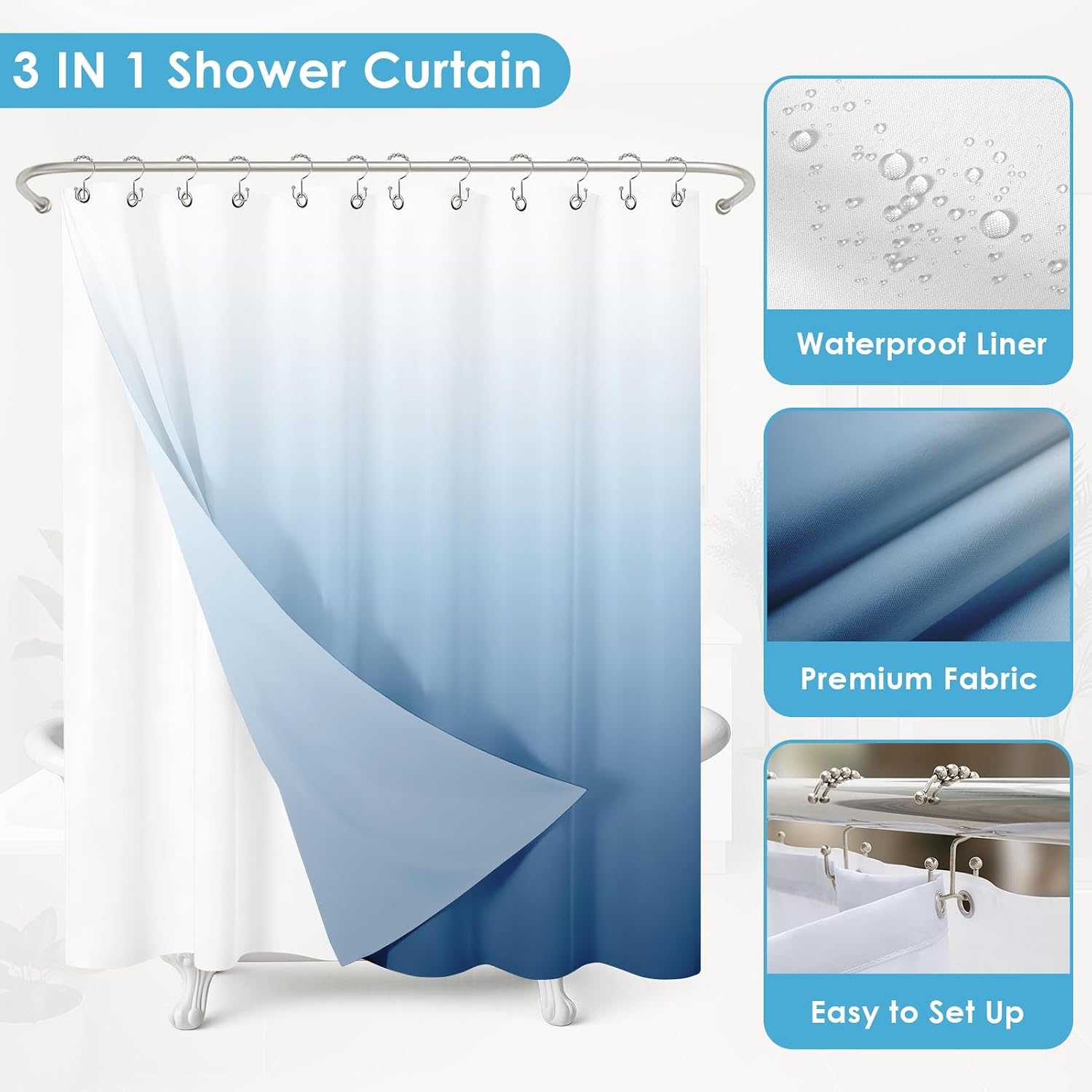 Shower Curtain and Liner Set, Blue and White Ombre Abstract Modern Shower Curtain and Liner with Double-Sided Stainless Steel Hooks, 3-in-1 Waterproof Fabric for Bathroom, 72x72 Inch
