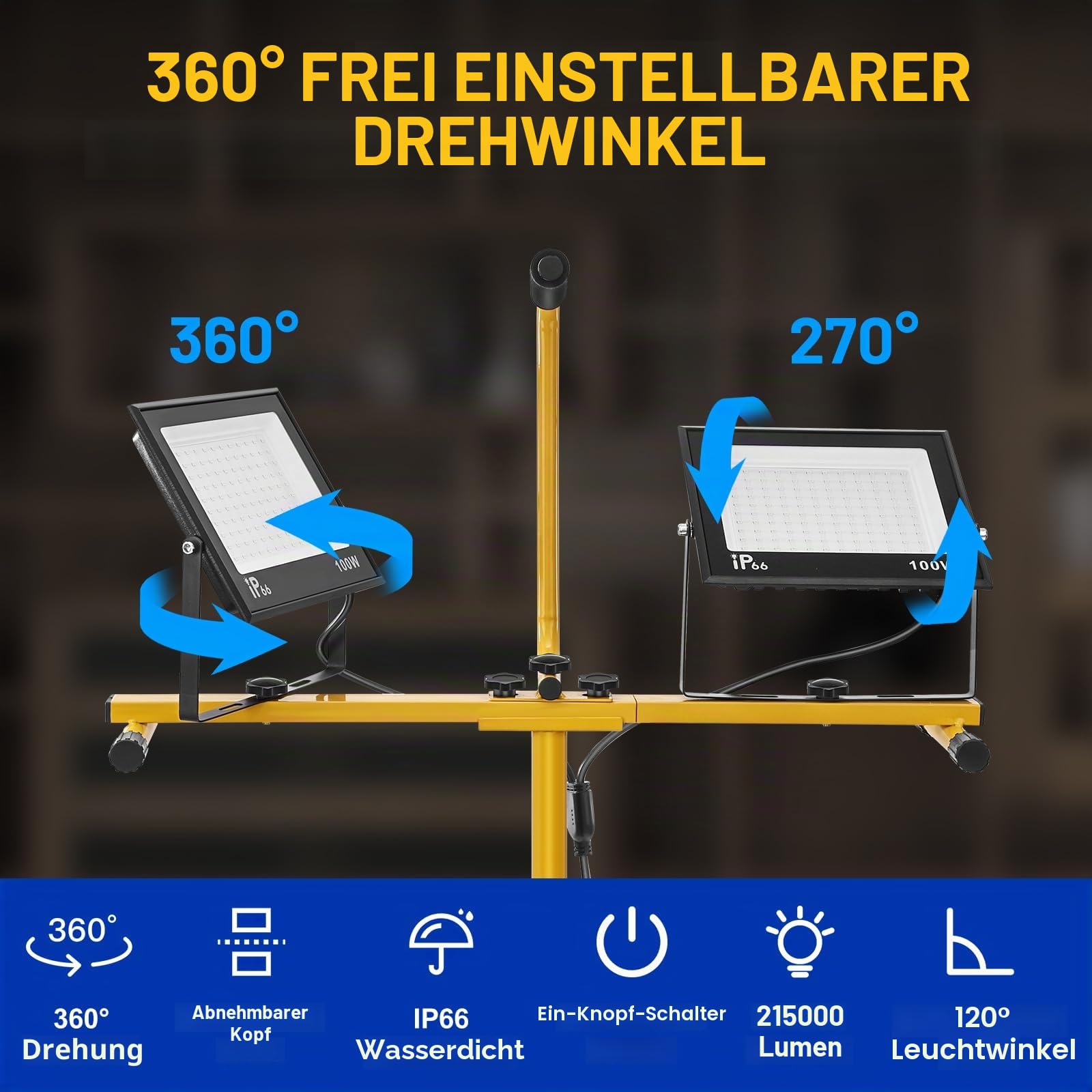 Yofuly LED Baustrahler mit Stativ, 200W Arbeitsleuchte 15000 Lumen Bauscheinwerfer Baustellenlampe IP66 Wasserdichte mit 3M Kabel, 6500K Tragbare Bodenstandleuchte Höhenverstellbar bis Max. 160cm
