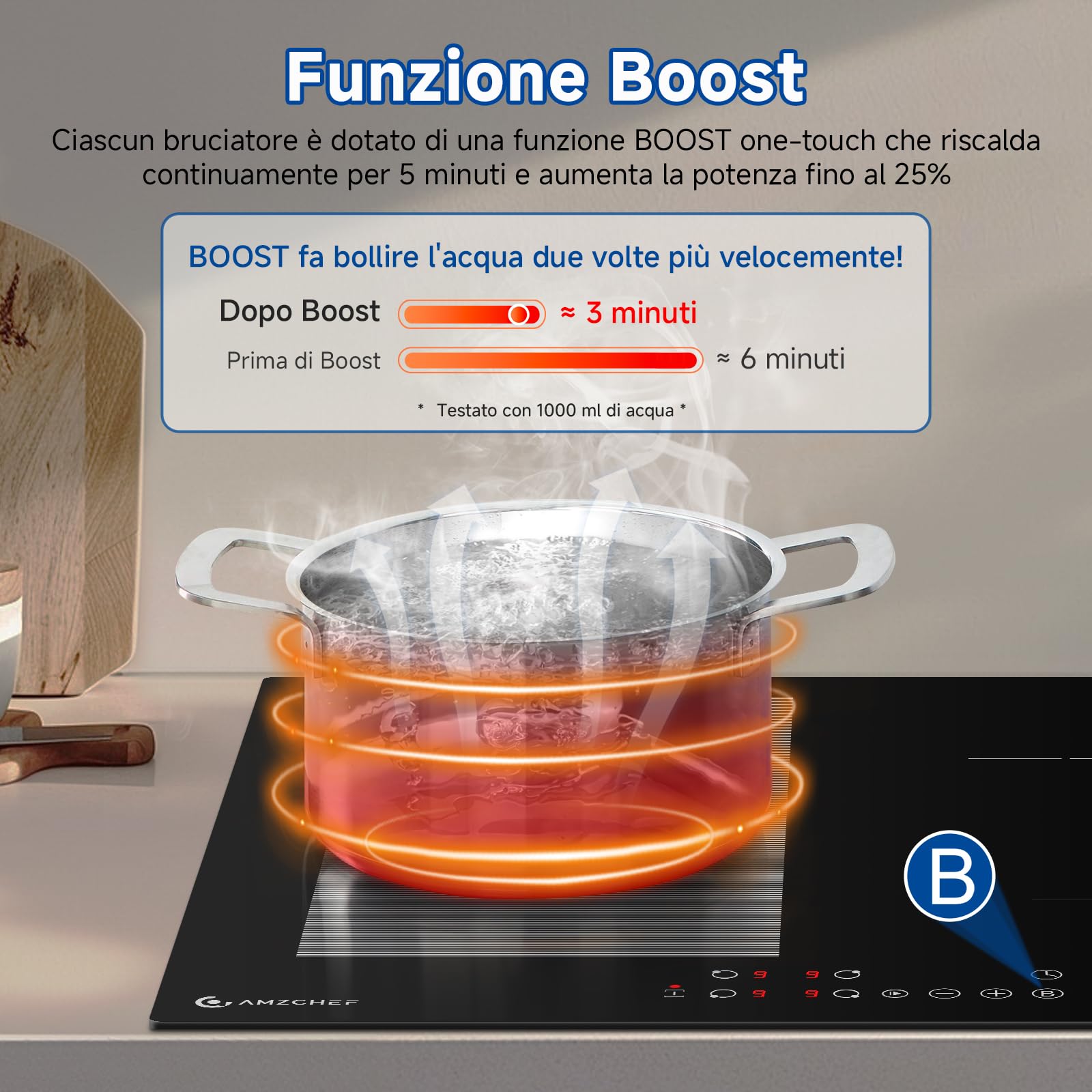 Piano cottura a induzione AMZCHEF da 60 cm con 4 zone boost flessibili, 9 livelli, funzione warm up e STOP + GO, 7400W, touchscreen, blocco di sicurezza e timer