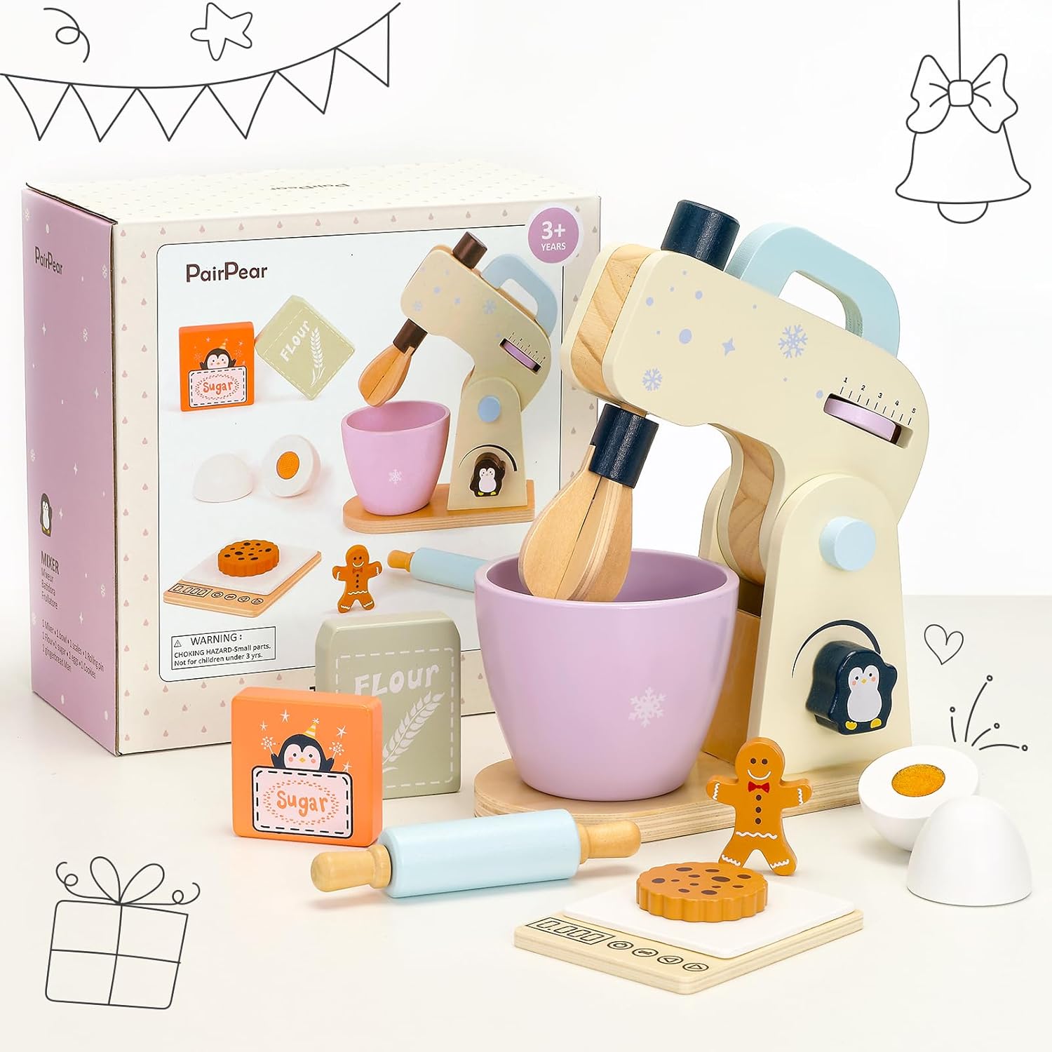 PairPear Wooden Toy Mixer for Kids Kitchen Playset –10 Piece Play Mixer Wooden Play Food Kitchen Cookie Bakery Toys, Kids Mixer Play Kitchen Accessories for Age 3+ Girls and Boys - Image 7