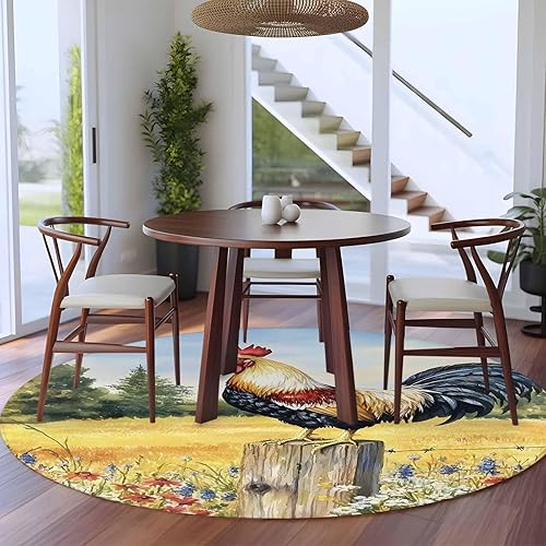 Miniatura 4 de 5ft Round Rug, Retro Rooster Non-Skid Rubber Backing Large Area Rugs - Living Room Bedroom Home Office, Spring Flowers Watercolor Animals Indoor
