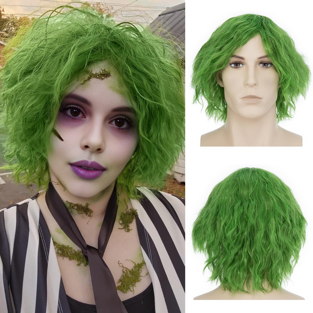 PARXITN Herren Perücke Synthetische Kurze Lockige Perücke Cosplay Mode Flauschige Lockenperücke Halloween Fancy Dress Kostüm Perücken für Unisex Sattgrün