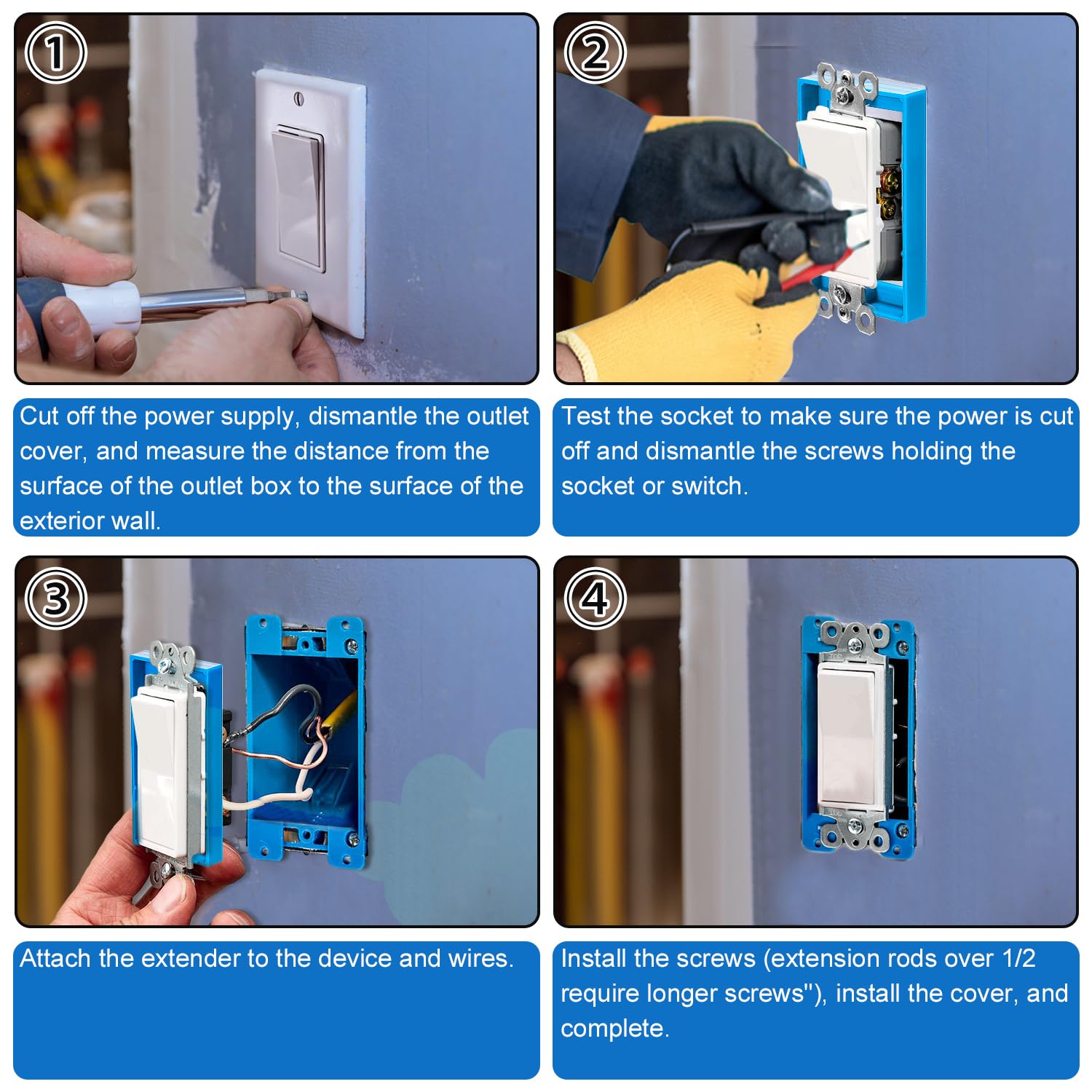 6pcs Electrical Box Extender, 1/2" Single Gang Receptacle Outlet Box Extenders Junction Box Extender for Electrical Box and Electrical Outlet Switches (Blue)