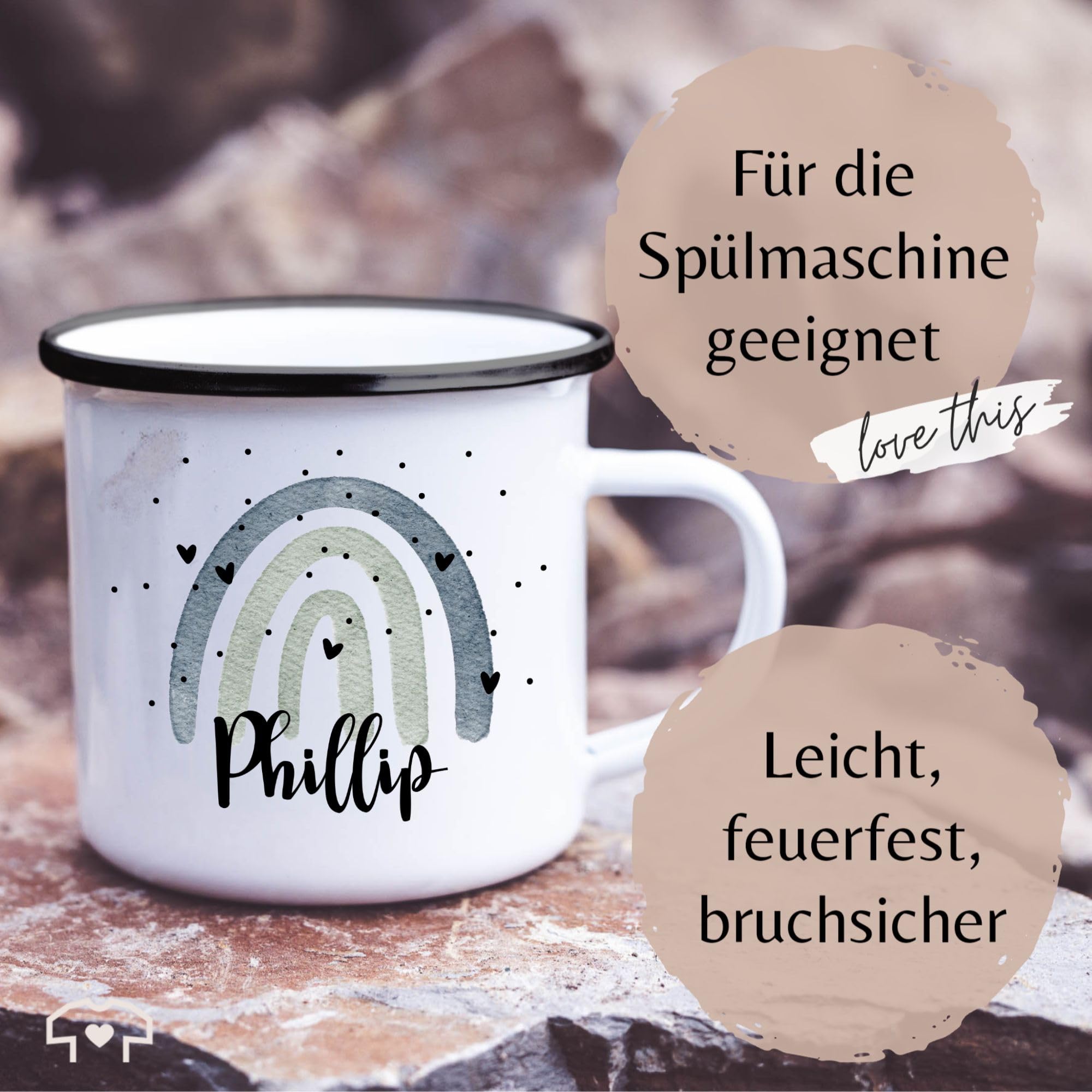 Personalisiertbare Emaille Tasse - Boho Regenbogen Design Mit Namen - 300 Ml (Weiß/Schwarz)