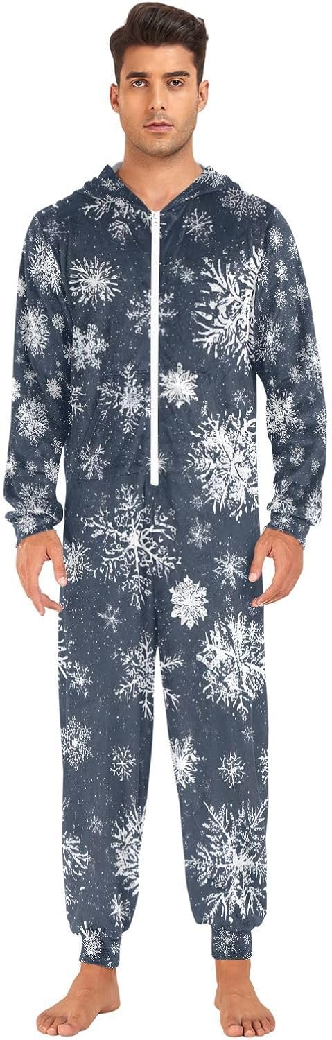 White Snowflakes Navy Blue A Adult Onesie Pajamas for Unisex Novelty One Piece Costume Sleepwear