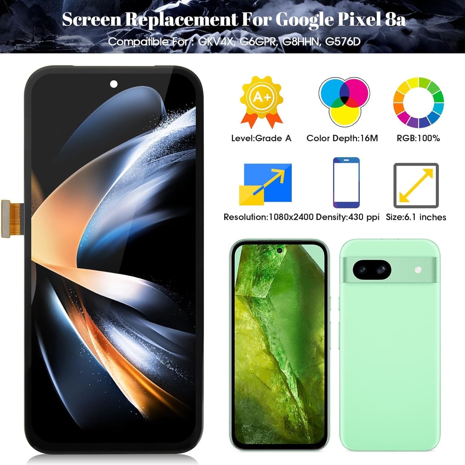 SRJTEK Original for Google Pixel 8A Screen Replacement for Google Pixel 8A GKV4X G6GPR LCD Display for Google Pixel 8A G8HHN G576D Digitizer Touch Screen Assembly Repair Kits (Black,Without Frame