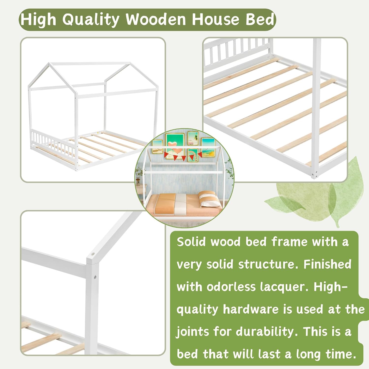 Bellemave Queen House Bed with Roof and Headboard, Wood Montessori Floor Bed for Girls Boys Teens Adults, No Spring Box Needed, White