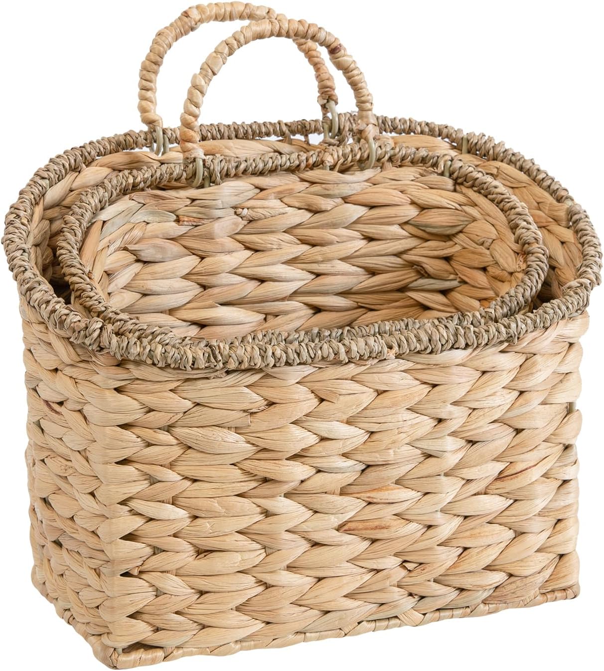 Set of 2 Woven Hanging Basket, Water Hyacinth Handmade Wicke Hanging Wall Baskets for Organizing, Front Door, Mail, Flowers-for Garden Farmhouse Home