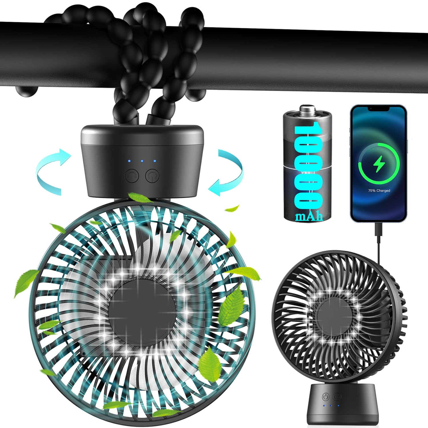 90° Oscillante Ventilatori per Passeggini, 3 Livelli 10000mAh di 40 ore | Batteria Ventilatore USB da Scrivania Funzionamento, Silenzioso con luce LED, Mini Ventilatore Portatile Campeggio