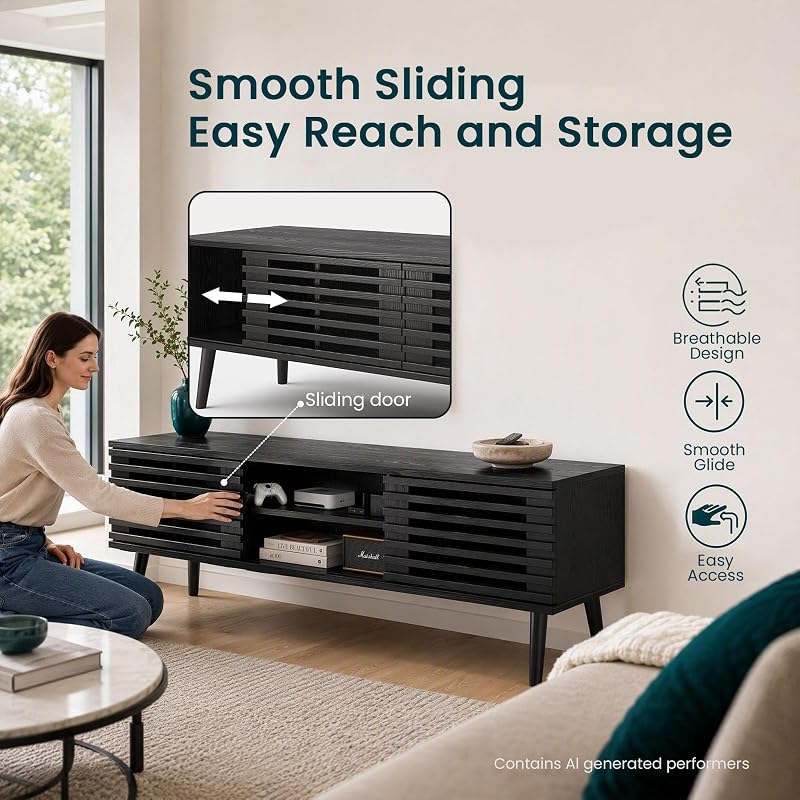HAIOOU Mid Century Modern TV Stand, 52" Wooden TV Console with Slatted Sliding Doors and Storage for 50/55/60 Inch TV, Small Entertainment Center Media Console Cabinet - Wood Grain Black image 5