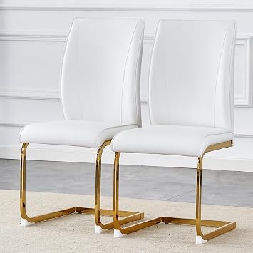 Luxury Simple Arch Chair - Set of 2 White PU Material High Resilience Dining Chair with Arched Metal Gold Leg.