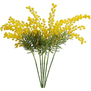 Amazon Com Jasming 6pcs Artificial Albizia Julibrissin Fake Acacia Yellow Flowers Mimosa Leaves Flocking Plants For Home Garden Decor Home Kitchen