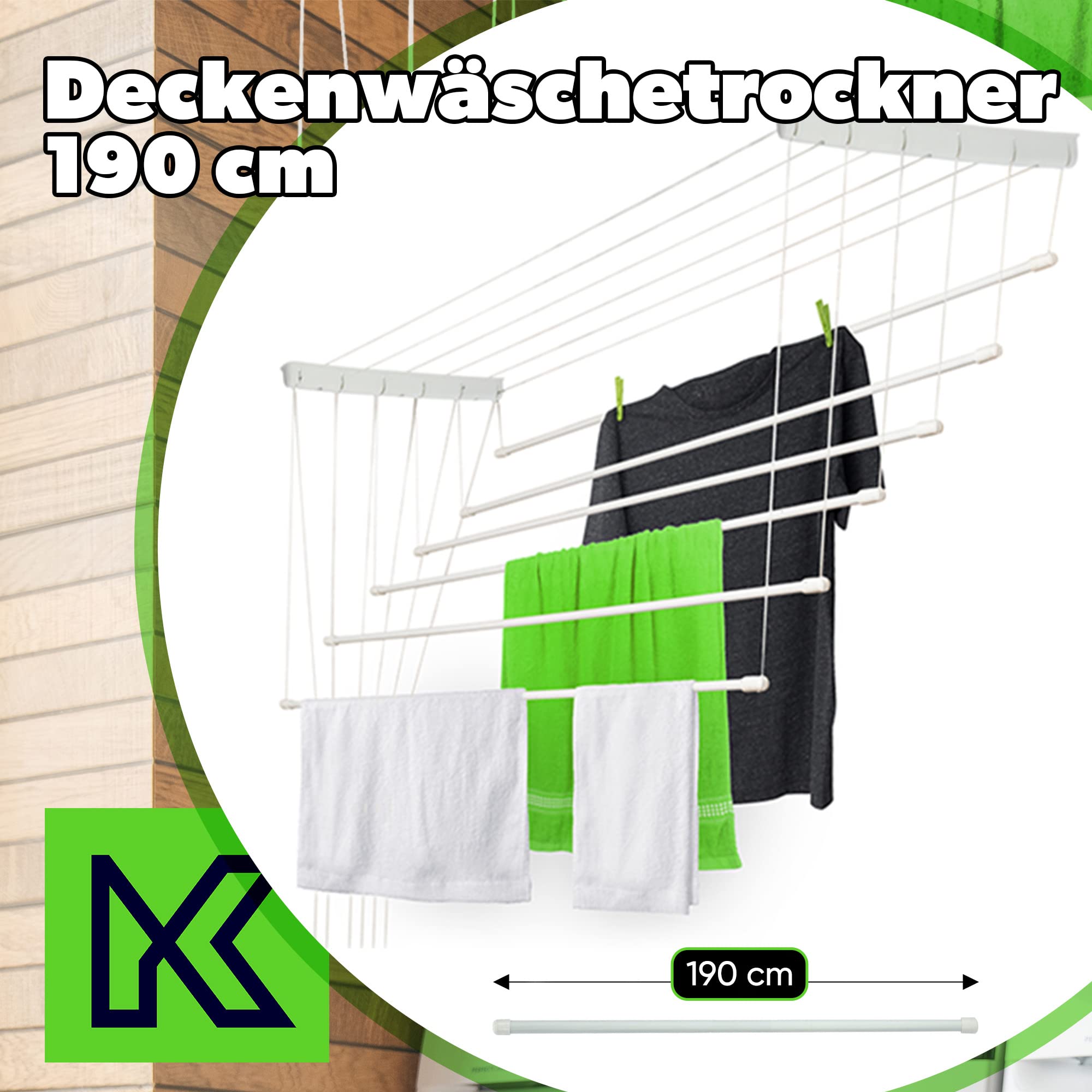 KADAX Deckenwäschetrockner, 11.4m Trockenfläche, Wäschetrockner für die Decke 6, Wandtrockner mit Polyethylen bezogenen Stahlsprossen, Deckentrockner Traglast 12kg (6x190/weiß)