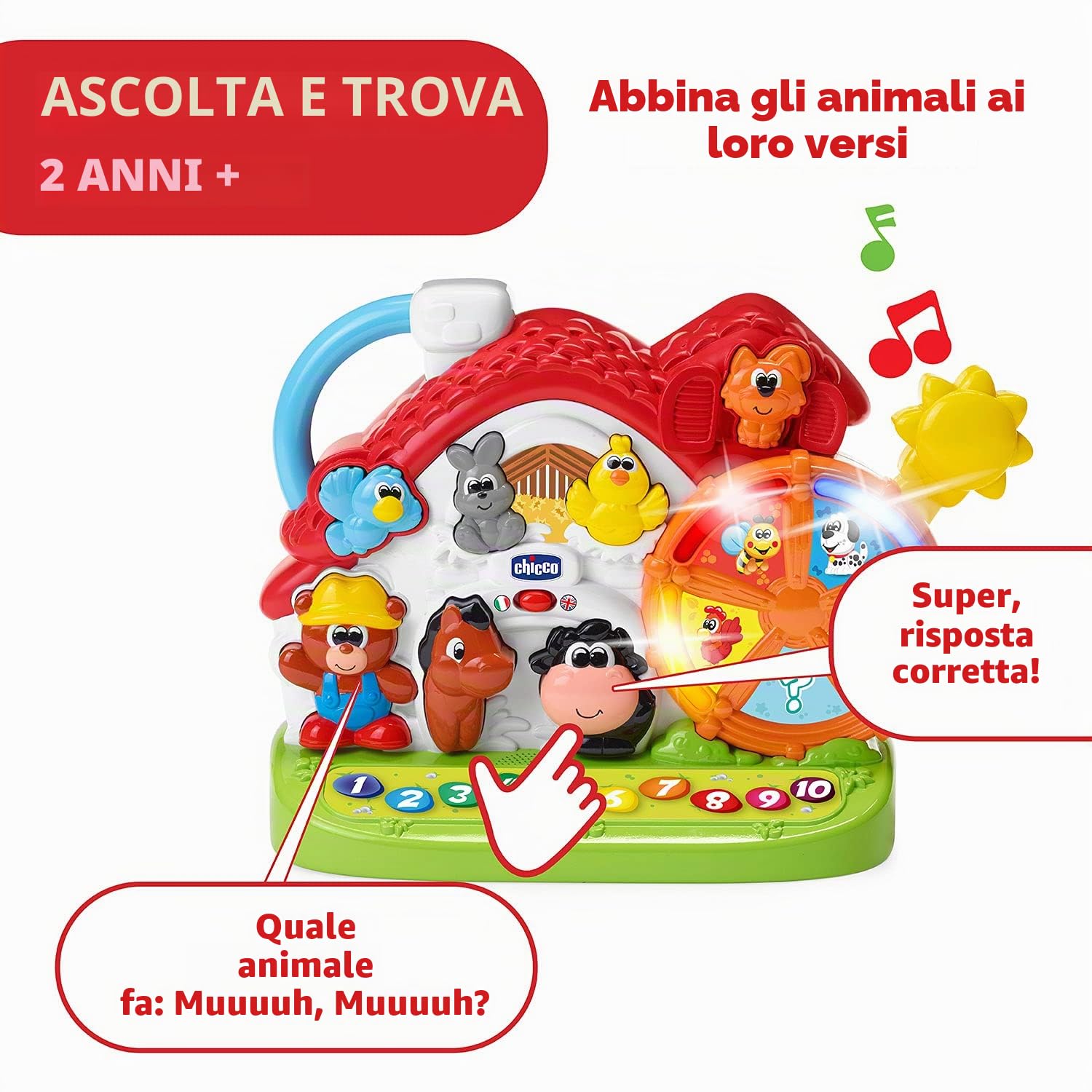 Chicco Fattoria parlante Giocattolo Musicale bilinguale Tedesco e Inglese, Giocattolo con Animali, Luce e rumori, 3 possibilità di Gioco, Giocattolo educativo elettronico, per Bambini da 1 a 4 Anni