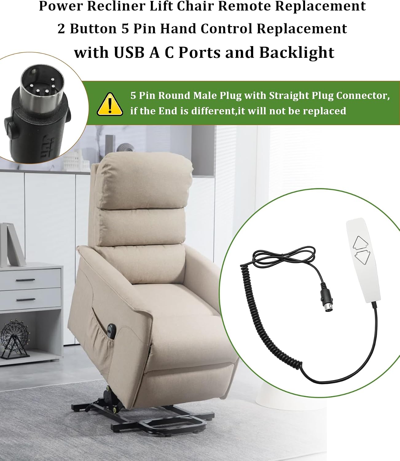 Power Recliner Lift Chair Remote Replacement 2 Button 5 Pin Hand Control Replacement with USB A C Ports and Backlight,Electric Sofa Handset Controller Parts