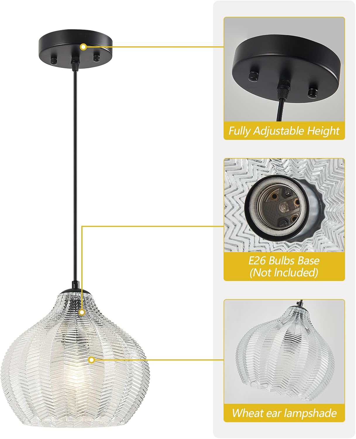Clear Glass Pendant Lights Kitchen Island 1 Light 9.05 in Glass Globe Pendant Light Fixture Adjustable Modern Farmhouse Pendant Lighting for Bedroom Dining Room (1 Pack)