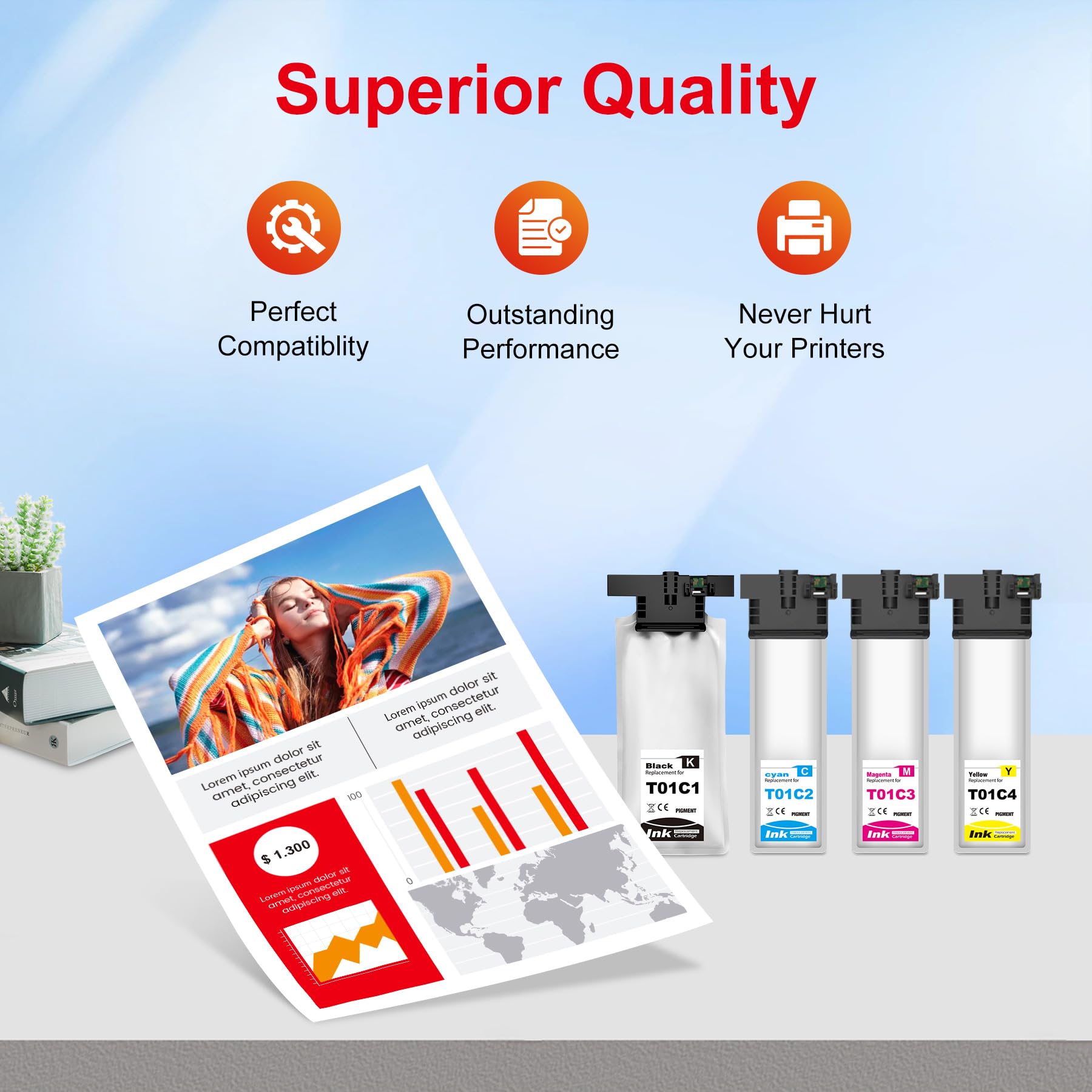 T01C T01C1 T01C2 T01C3 T01C4 Inchiostro compatibile per EPS C13T01C100 C13T01C200 C13T01C300 C13T01C400 per Workforce Pro WF-C529R WF-C579R WF-C579RC57DWF (4 pezzi, nero, ciano, magenta