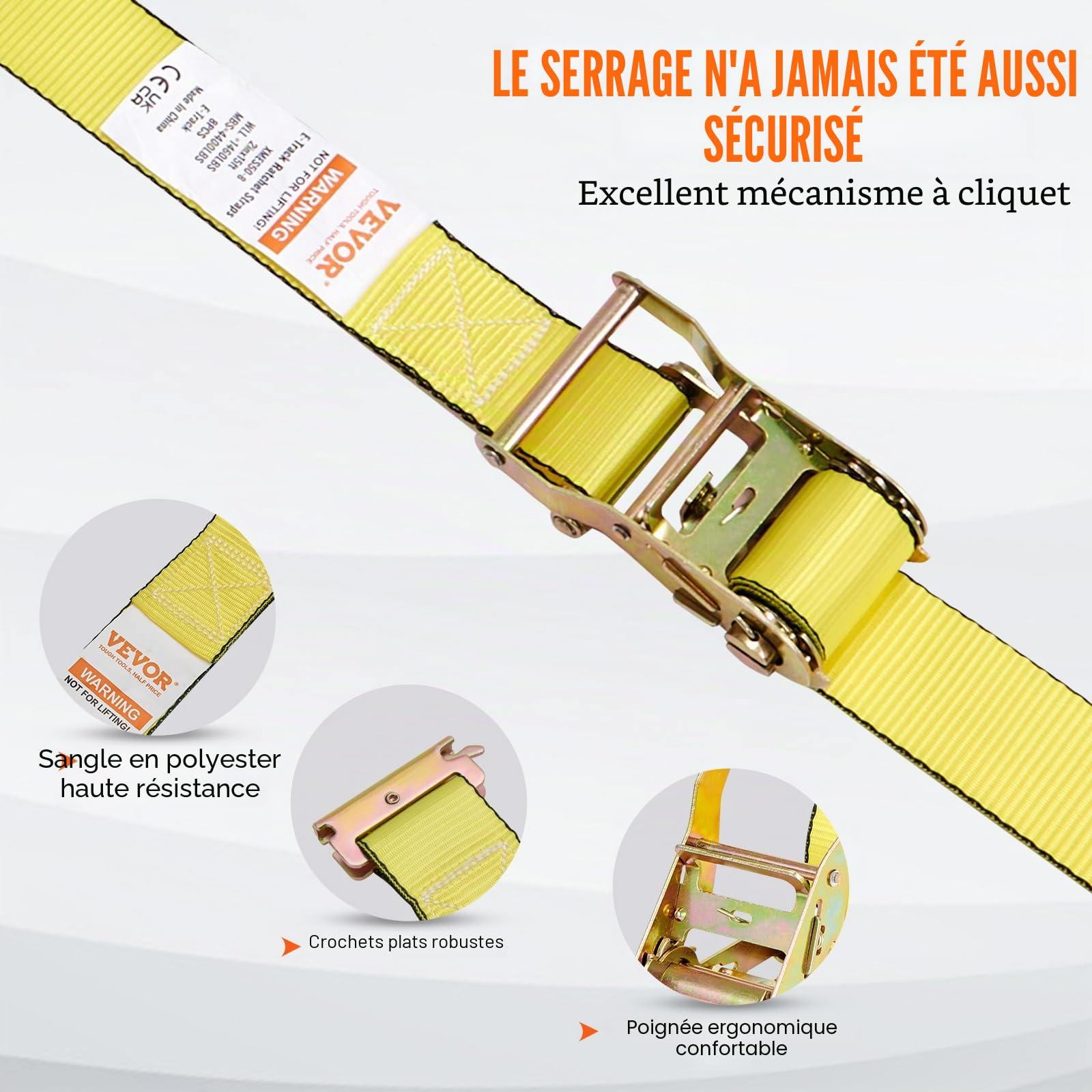 VEVOR Sangle à Cliquet Sans Fin Lot de 8 Sangles d'Arrimage E Résistance à la Rupture Maximale 1995,8 kg 0,05x4,6 m pour Sécuriser Cargaisons, Électroménagers, Équipement de Jardin, Moto, Déménagement