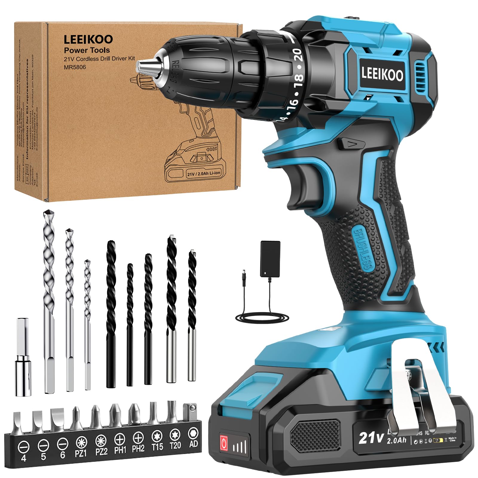 Taladro Atornillador Batería Sin Escobillas, LEEIKOO Atornillador Electrico con 2.0Ah Batería, 45N.m Taladro Inalámbrico, 21 Ajustes de Par, 20 Accesorios, 2 Velocidad, Luz LED Para Bricolaje, Azul