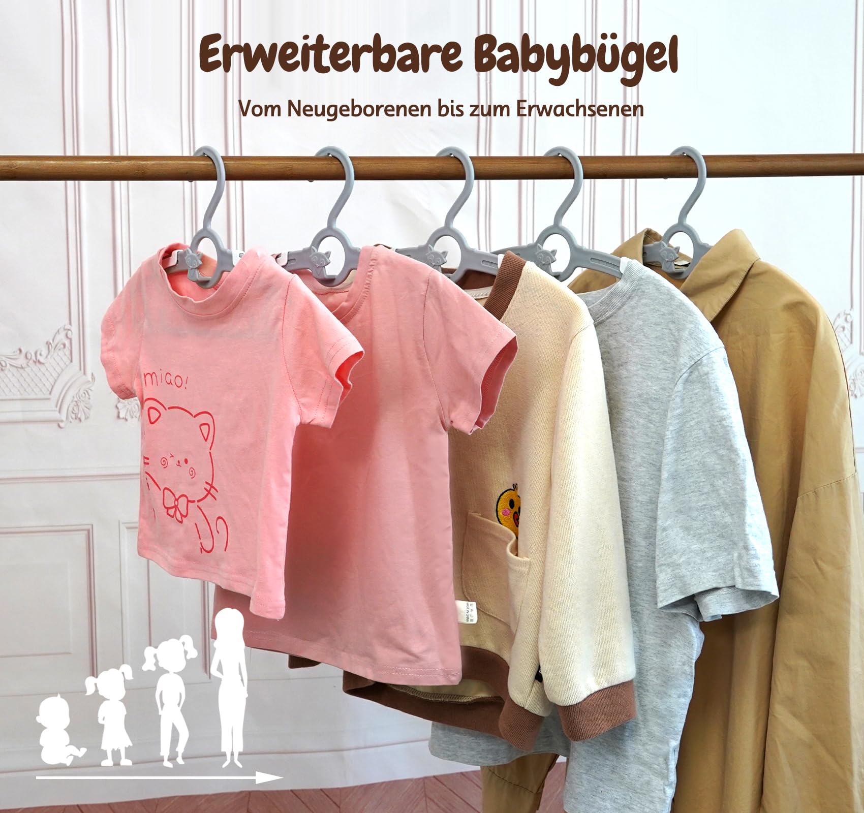 Mitwachsende Kleiderbügel Kinder, 24 Stück Ausziehbare Babykleiderbügel Platzsparend mit Stapelbaren Fuchs-Haken, 100% aus neues Kunststoff Kinderkleiderbügel für Kinderbekleidung Baby und Kind