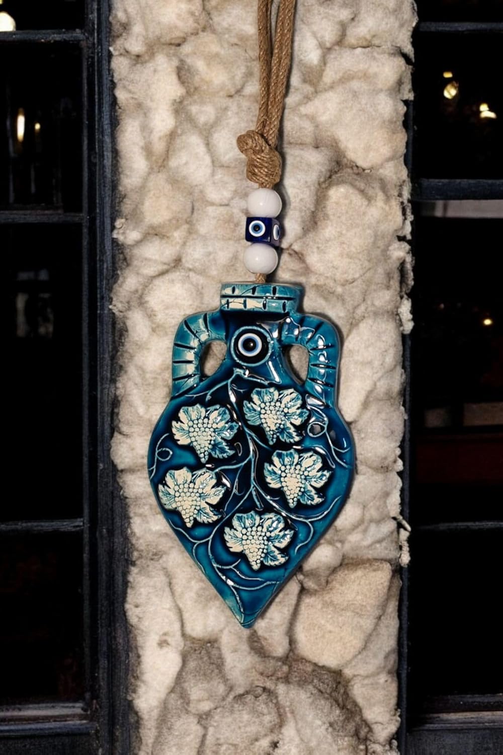 Ceramic Pitcher Wall Hanging 12x20 cm (4.7x7.9 inch) with Evil Eye - Traditional Turkish Grape and Leaf Design Protection Decor