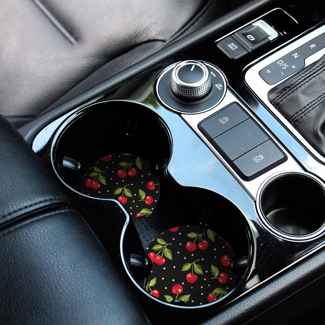 Red Cherry 2 Pack Car Cup Holder Coaster Fresh Cherries with Green Leaves Anti Slip Insert Absorbent Ceramic Car Coaster with Cork Base and Finger Notch Cute Car Accessories Interior for Women Men image 4