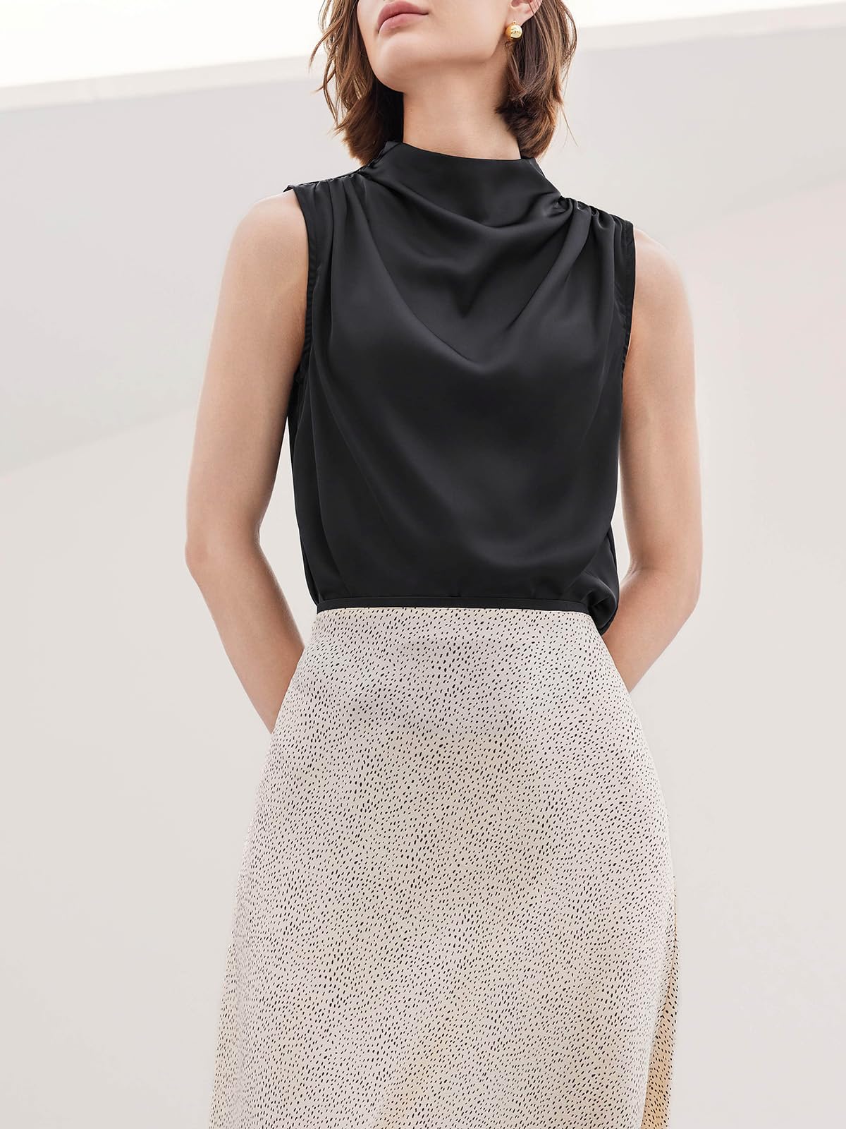 Cicy Bell Camiseta de Tirantes para Mujer, Cuello Alto, de satén, para el Trabajo, Informal, con Volantes, para Verano, Ropa de Negocios