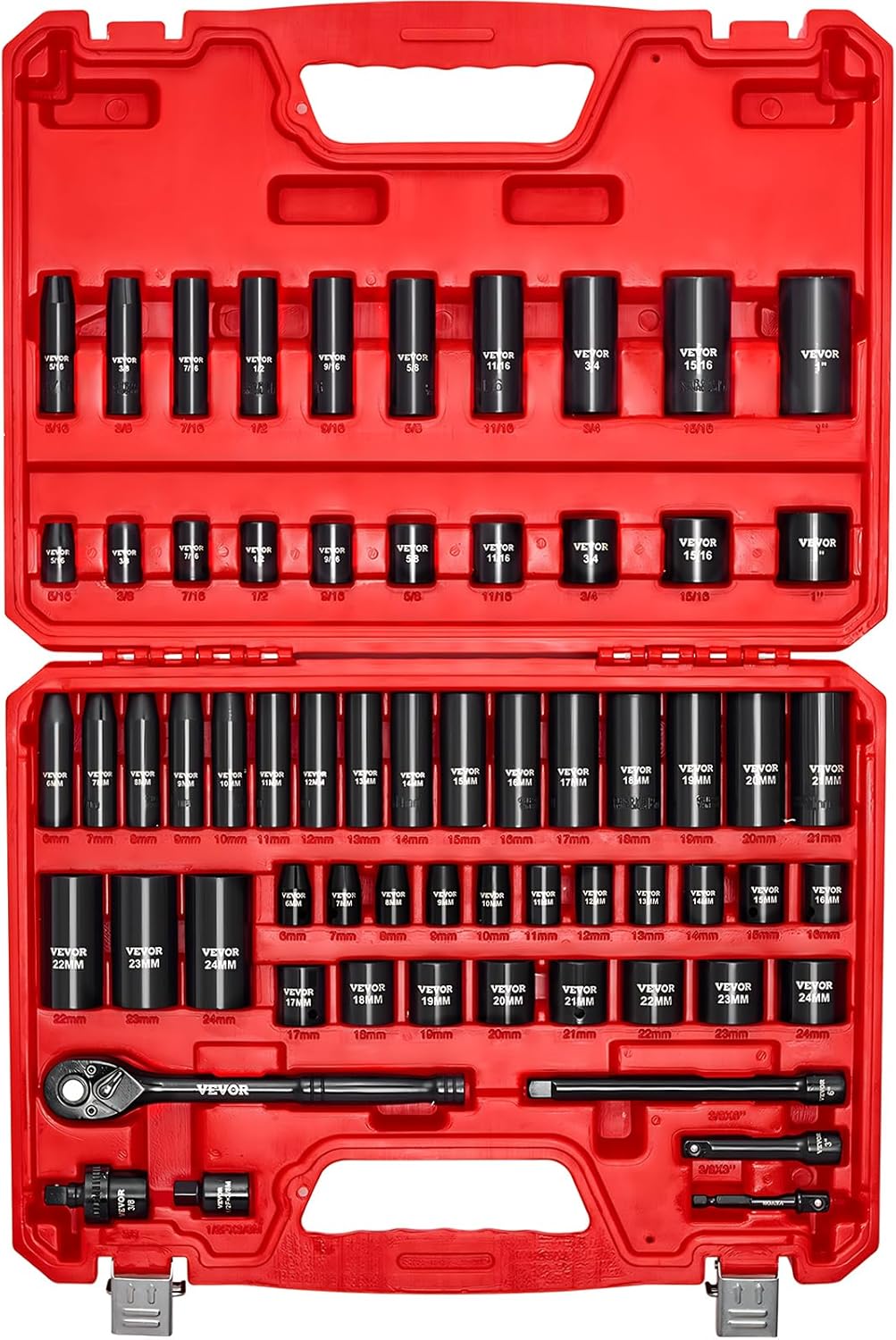 VEVOR Impact Socket Set 3/8" Drive, 64-Piece Standard SAE (5/16 to 1 inch) & Metric (6 to 24 mm) Size, Deep & Shallow, 6 Point, CR-V, Ratchet Handle, Extension Bars, Universal Joint, Adapters