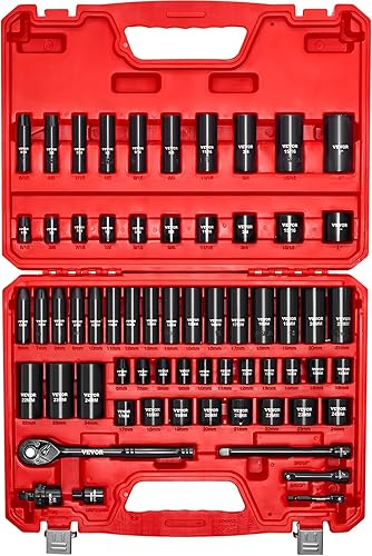 Vista 9 de VEVOR Juego de llaves de impacto, 19 piezas x 1/2 pulgadas métricas de 3/8-1-1/2 pulgadas, 6 puntos de zócalo profundo de 6 puntos, construcción