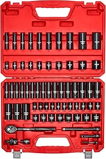 Impact Socket Set 3/8" Drive, 64-Piece Standard SAE (5/16 to 1 inch) & Metric (6 to 24 mm) Size, Deep & Shallow, 6 Point, CR-V, Ratchet Handle, Extension Bars, Universal Joint, Adapters