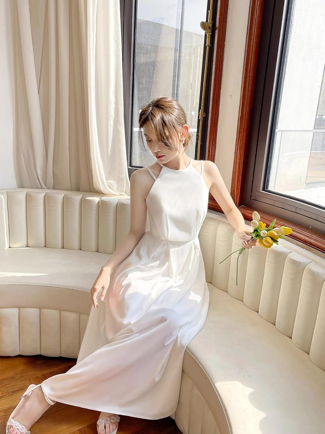 Amazon | [Fiveen] 白 ワンピース シンプル 二次会ドレス 結婚式 前