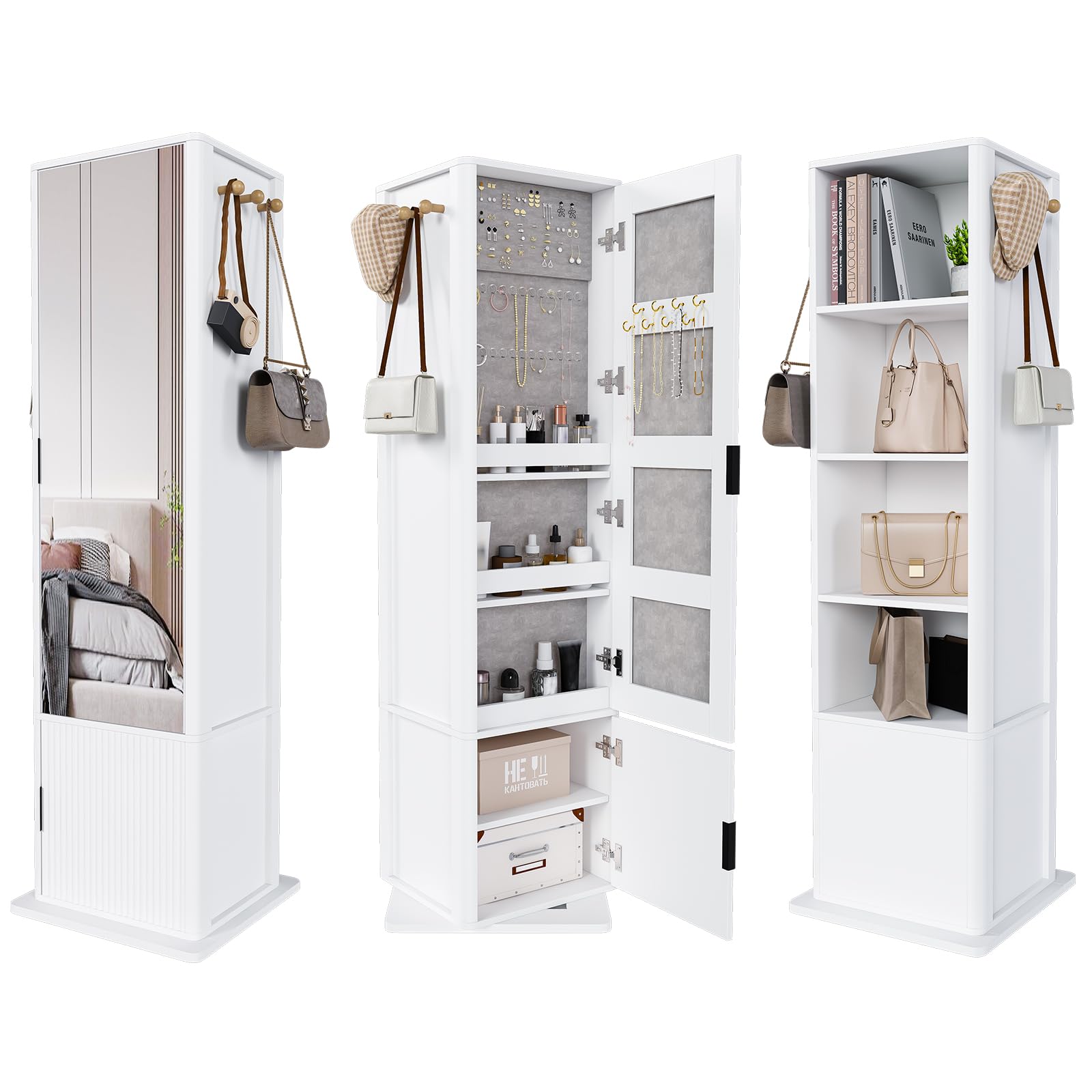 360° Swivel Jewelry Cabinet, Fluted Jewelry Armoire with Full Length Mirror, Coat Rack and 4-Tier Shelf, Standing Jewelry Organizers with 2 Drawers(White)