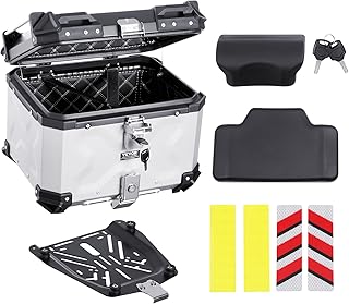 VEVOR Caixa para motocicleta, universal, liga de alumínio, com forro de couro, impermeável, 45 l, com fechadura e almofada traseira, para 99% dos quadros de motociclo, 435 x 378 x 348 mm