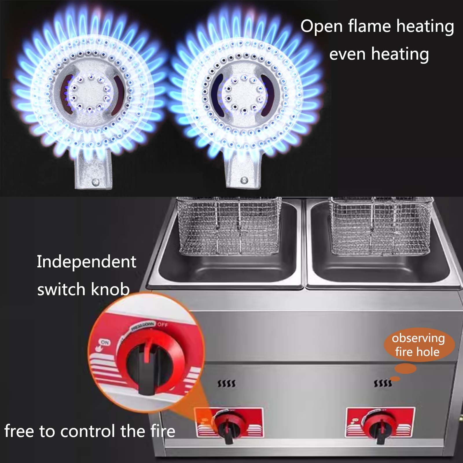 DoubleZone - Friggitrice a gas in acciaio inox da 12 l, con potenza di fuoco regolabile e cestelli fritti per patatine fritte perfettamente croccanti e patatine fritte da fast food