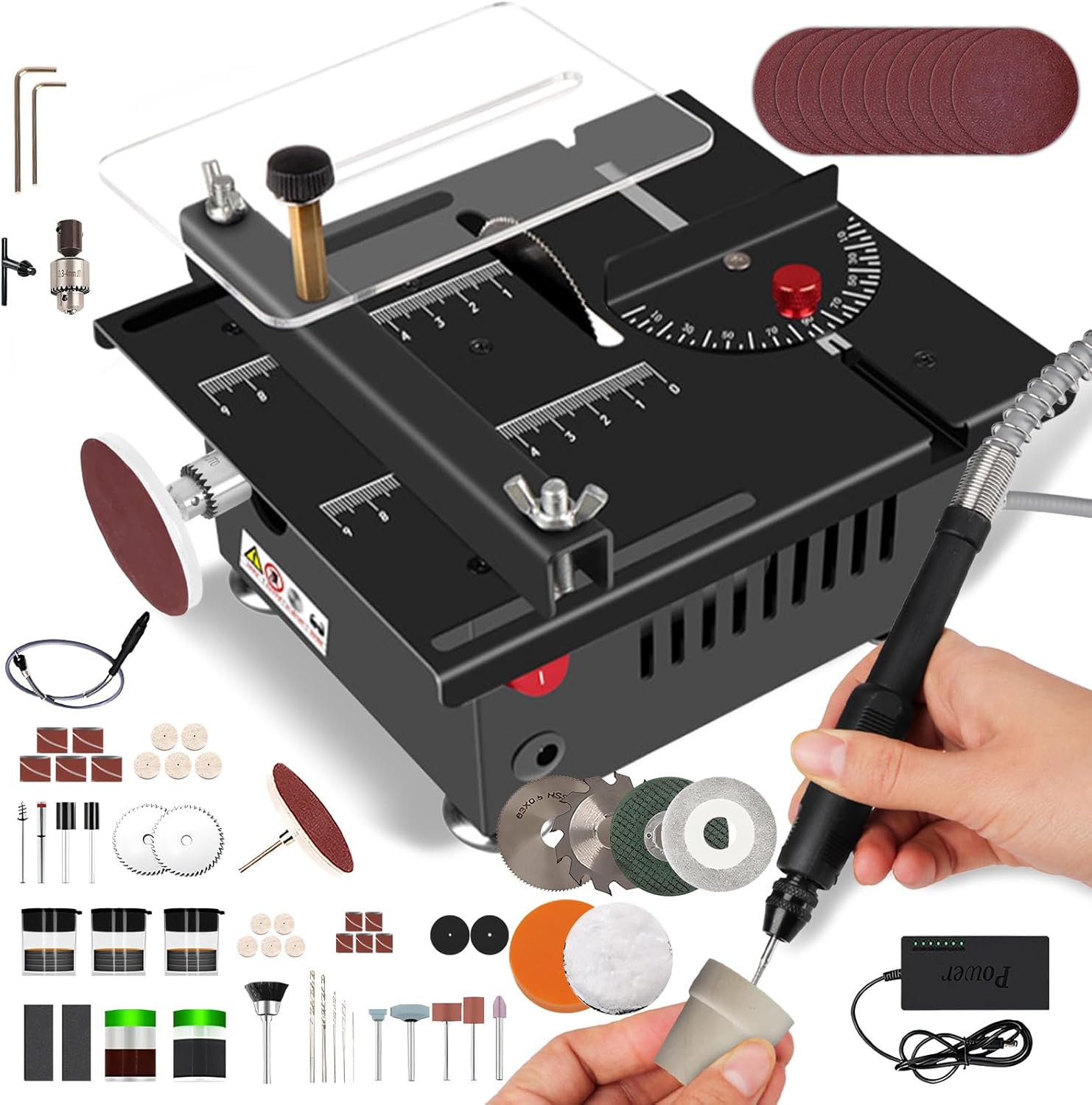 Mini Table Saw for Crafts, Portable 100W Power Mini Multi-Functional Table Saw, Cutting | Sanding | Carving | Drilling, 7-Speed Adjustable, 0-90° Cutting, for DIY, Wood,Acrylic and PCB Cutting