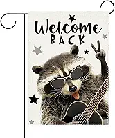 Welcome Back Animal Rock Music Bandeira decorativa de jardim, guitarra guaxinim de balanço engraçada, decorações externas de quintal pequeno, serapilheira estrelas de fazenda decoração de casa