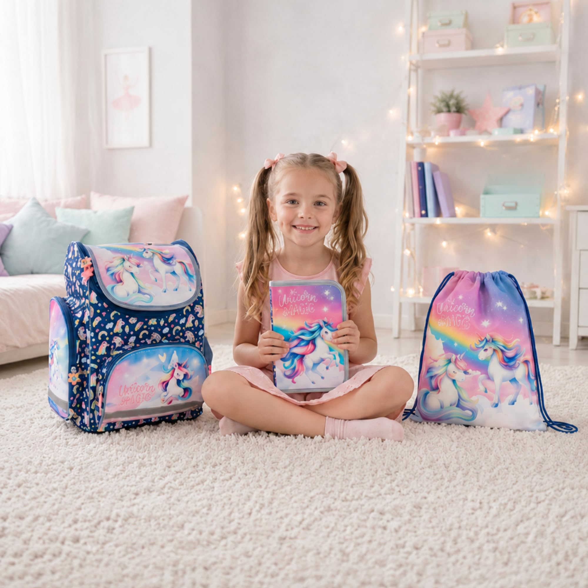 Goldkids - Schulranzen für Jungen und Mädchen, 4er-Set - Schul-Rucksack für Kinder mit Federmäppchen - Schuhbeutel und Hausaufgabenheft - Einhorn Motiv - 1-3 Klasse