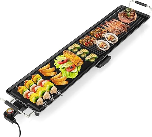 Miniatura 12 de LDAILY Plancha Eléctrica Antiadherente Extra Grande, Parrilla Teppanyaki BBQ con 4 Temperaturas Ajustables, Calentamiento Uniforme y Asas, Plancha