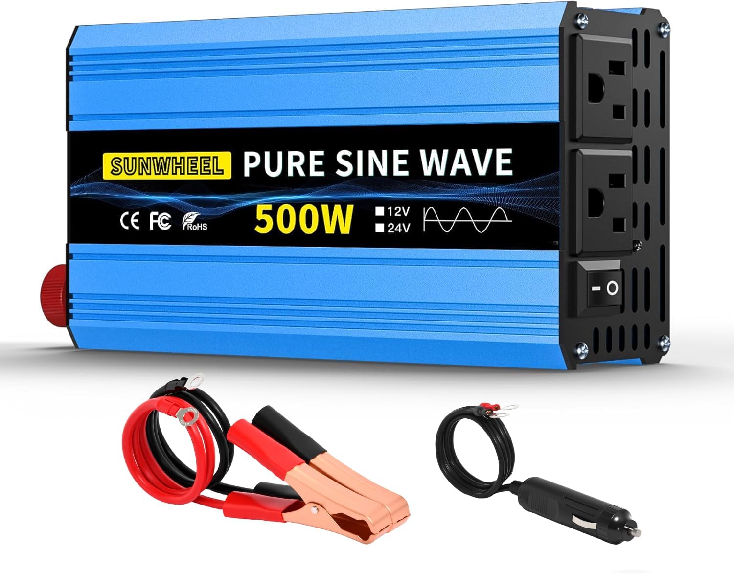 SUNWHEEL 500W Pure Sine Wave Inverter, 12V DC to 110V/120V AC Car Power Inverter with 2 AC outlets and LCD Display