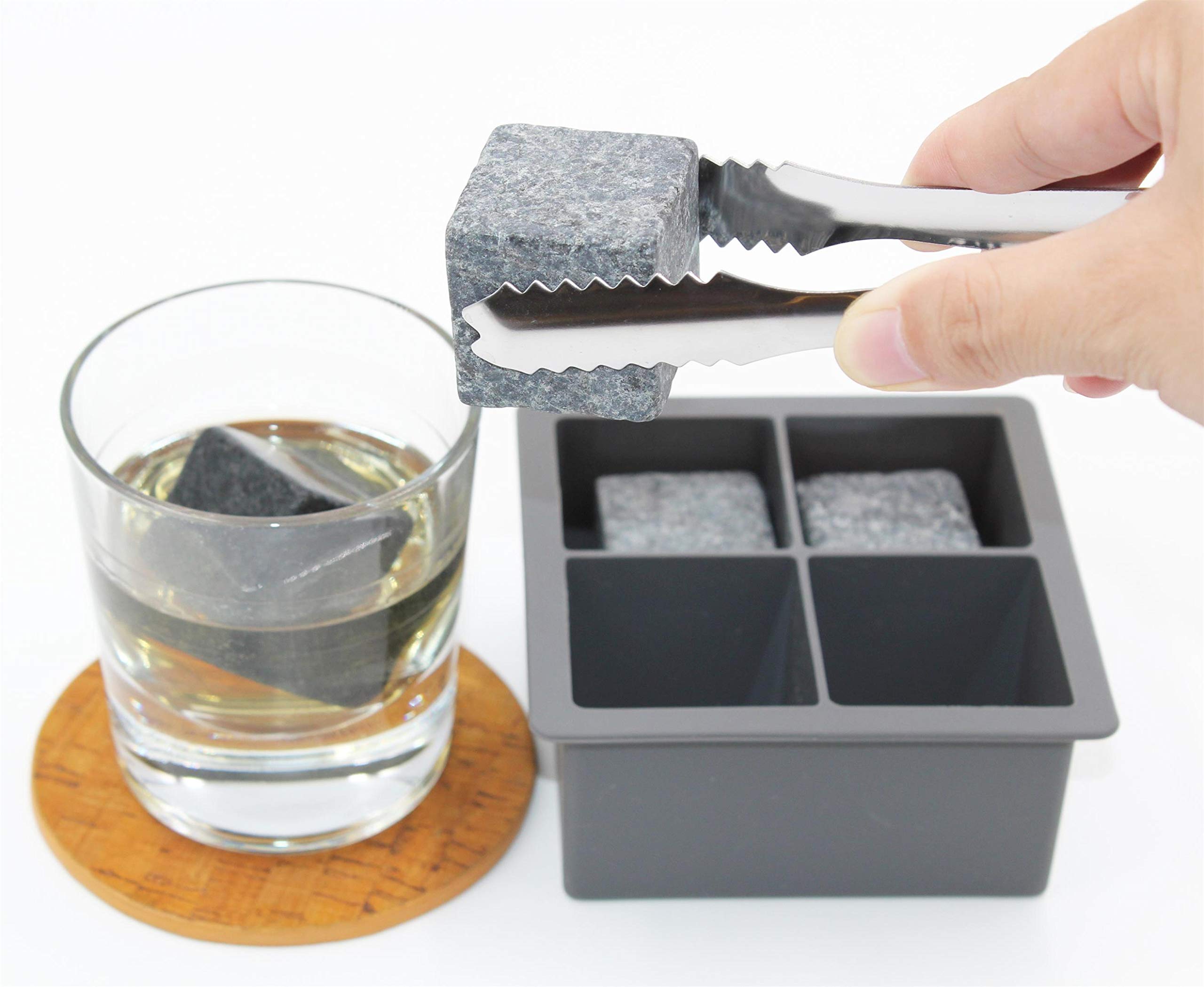Whisky Stone Set include 4 Large Granite Whisky Rocks + Silicone Ice cube tray + Stainless steel Tong. Large and reusable whisky stone could chill your Whisky & Beverage longer, and keep the drink coo