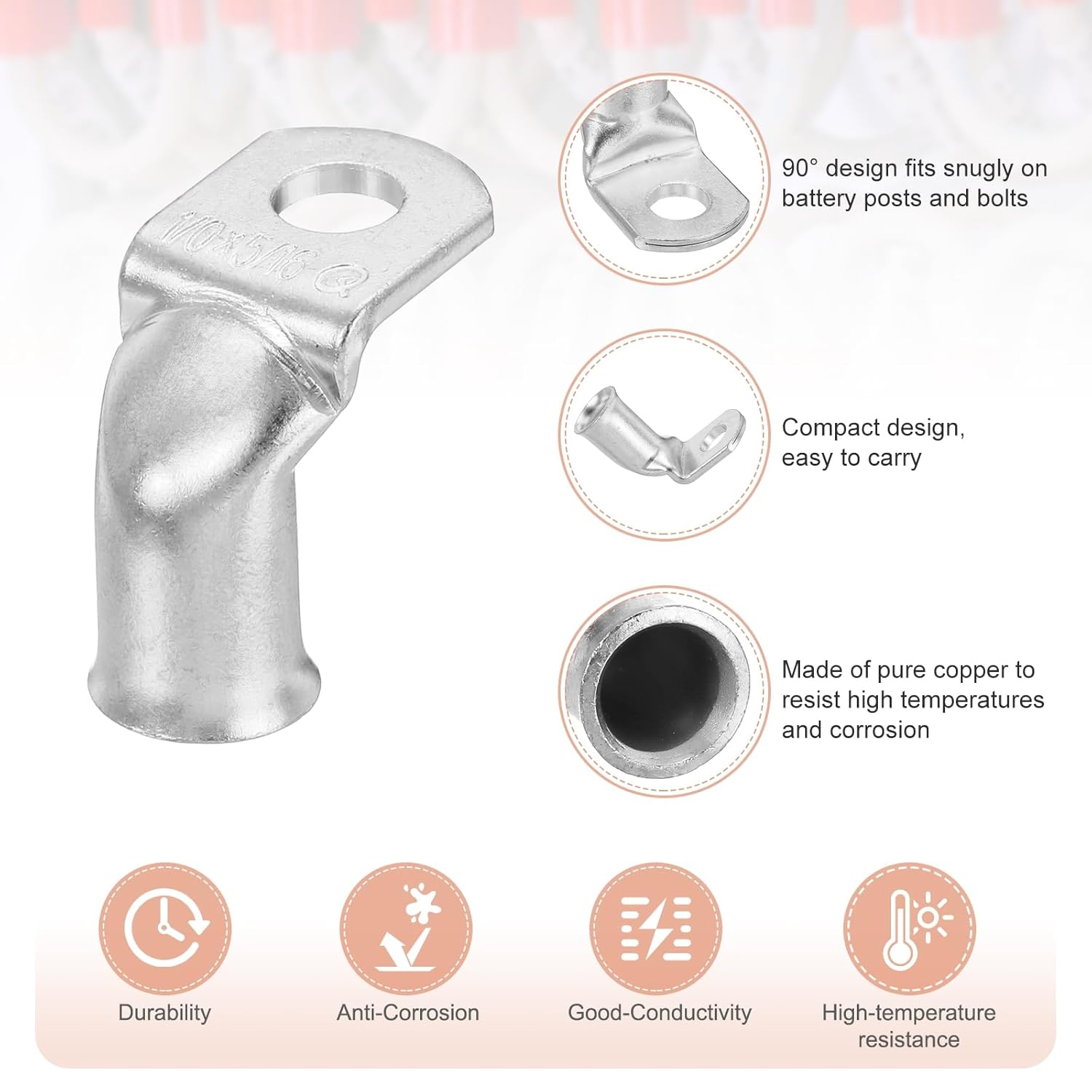 MECCANIXITY 10pcs 1/0 Awg 90° Bent Copper Lugs Battery Cable Ends, 0 Gauge 5/16" Stud Battery Lugs Ring Terminal Connectors with 10pcs 3:1 Black & Red Heat Shrink Tubing,Silver