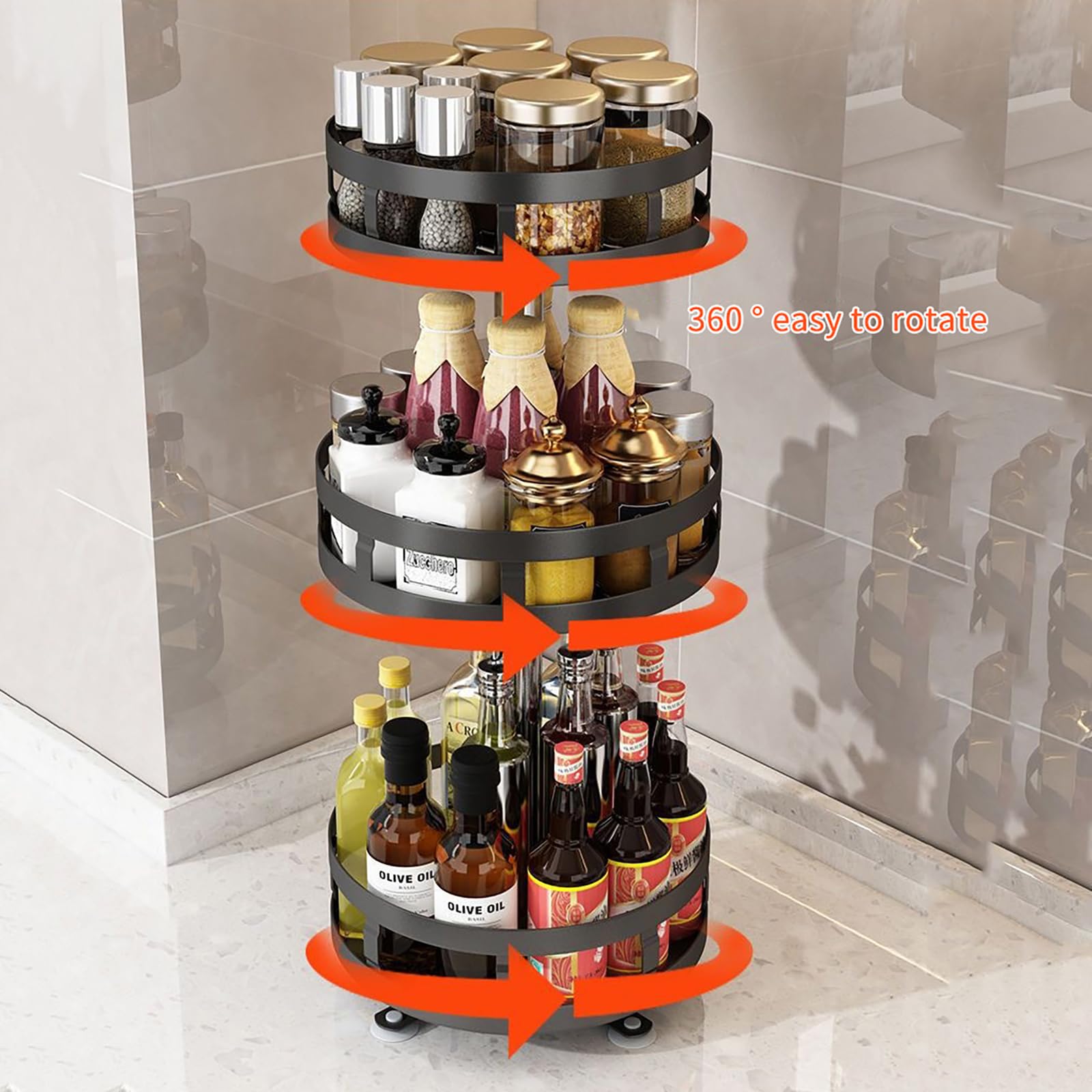 Estante de especias de 3 niveles, almacenamiento de especias giratorio de metal para cocina y baño, eficiente soporte de plato de 3 niveles, elegante dispensador de especias para un fácil acceso