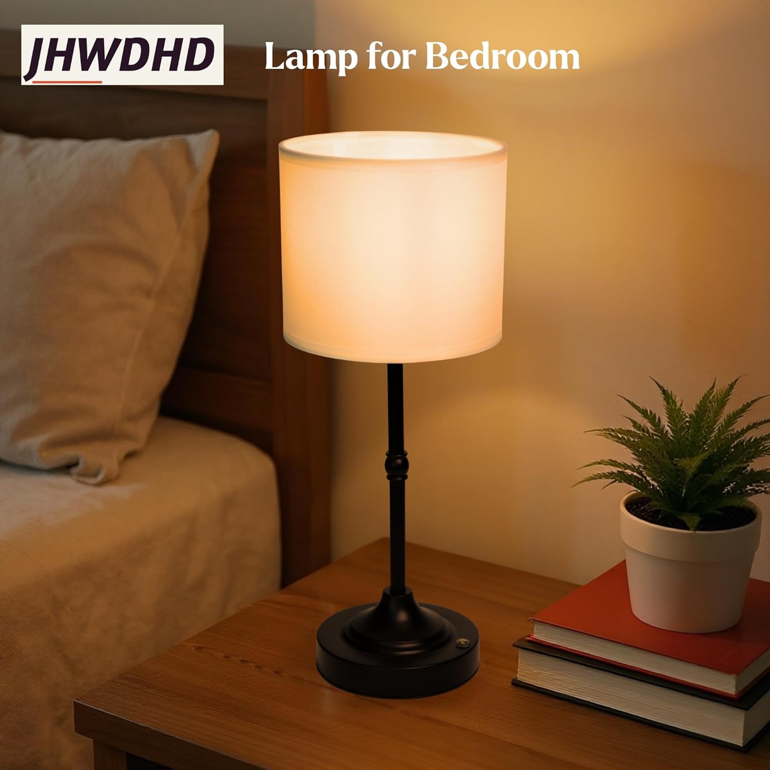 Cordless Touch Table Lamp for Bedroom, 5200mAh Rechargeable Battery Operated Nightstand Light with Fabric Shade, Stepless Dimming 2700K Desk Lamp for Bedside/Reading/Home Office, Black