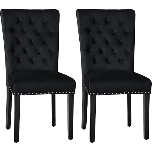 Velvet Dining Kitchen Chair Set of 2, Parsons Upholstered Dining Room Chair, Wood Accent Chair with Nailed Trim, Black