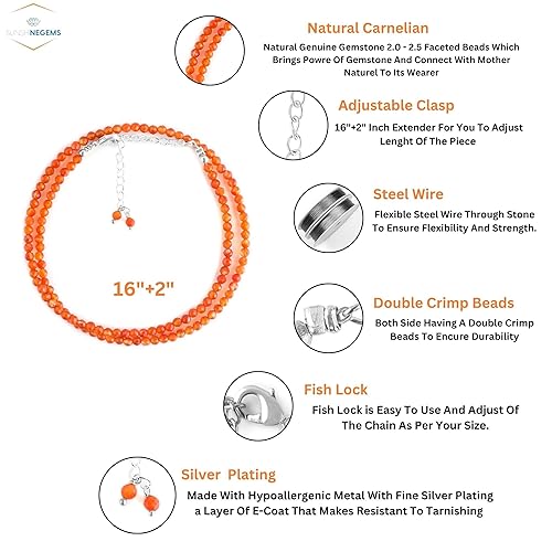 Vista 6 de Natural Carnelian Gemstone Full Faceted Beads Crystals Dainty Necklace Jewelry Gift for Women, Birthstone, Healing Stones, 18 inch Stone
