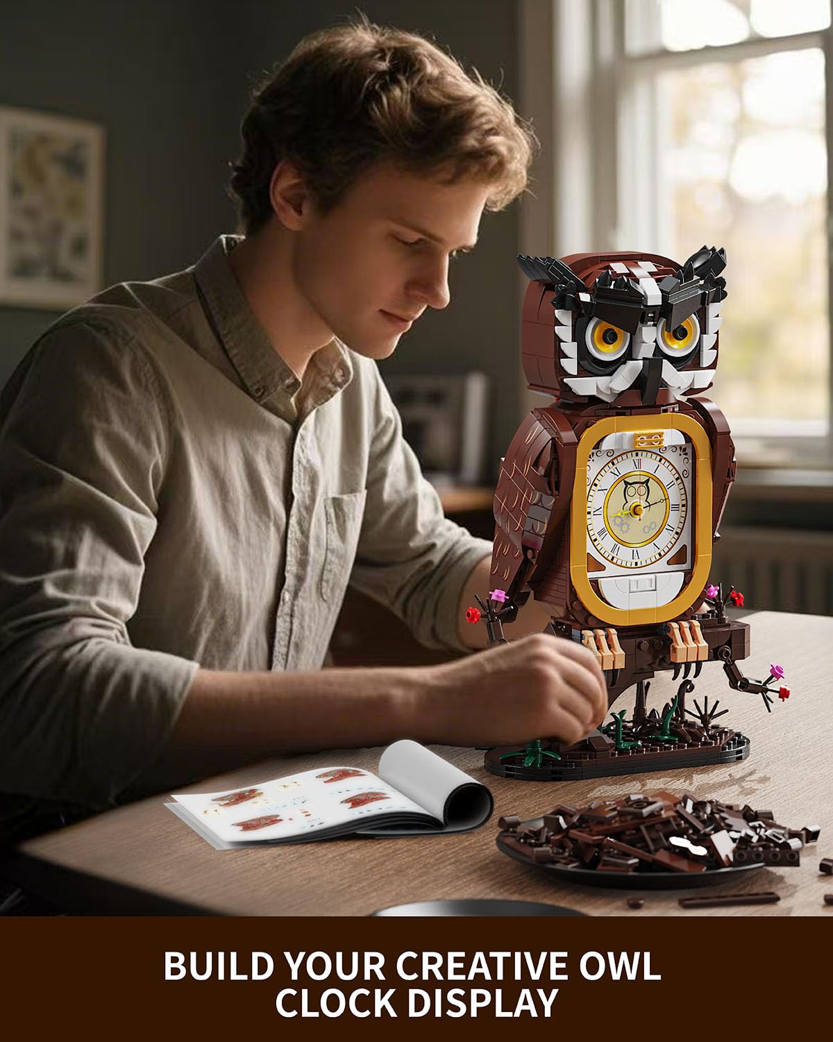 TYCOLE Horloge Chouette en Jouet de Construction avec Horloge Fonctionnelle, Cadeau Créatif Enfants 6 Ans et Plus/Garçons/Filles & Adultes, Décoration Maison/Bureau/Chambre, Modèle Animaux 964 Pièces