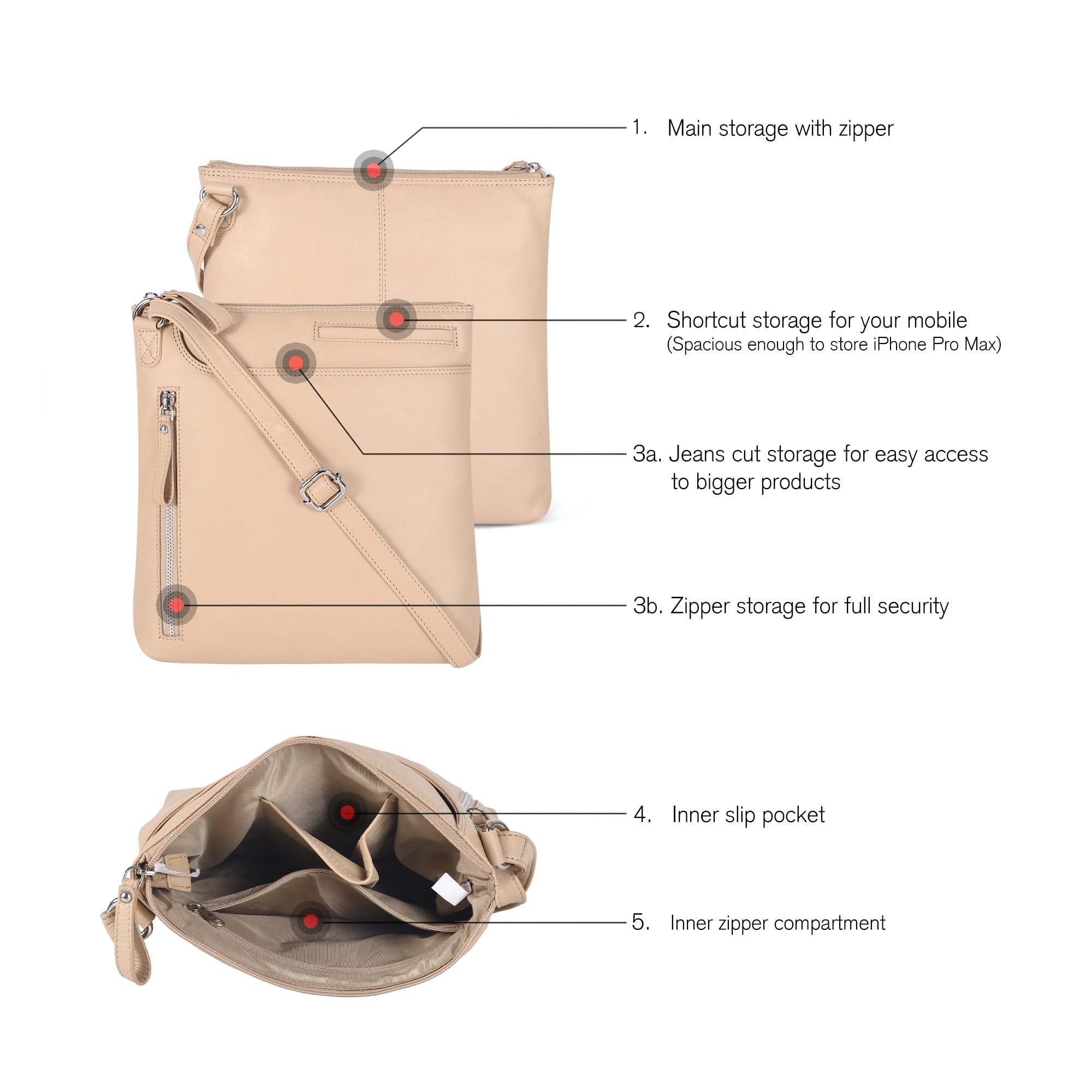 Leather Crossbody Bags for Women - Ladies Sling Handbags - Medium Cross body Purses Handbags - Purses For Women: Nappa Beige