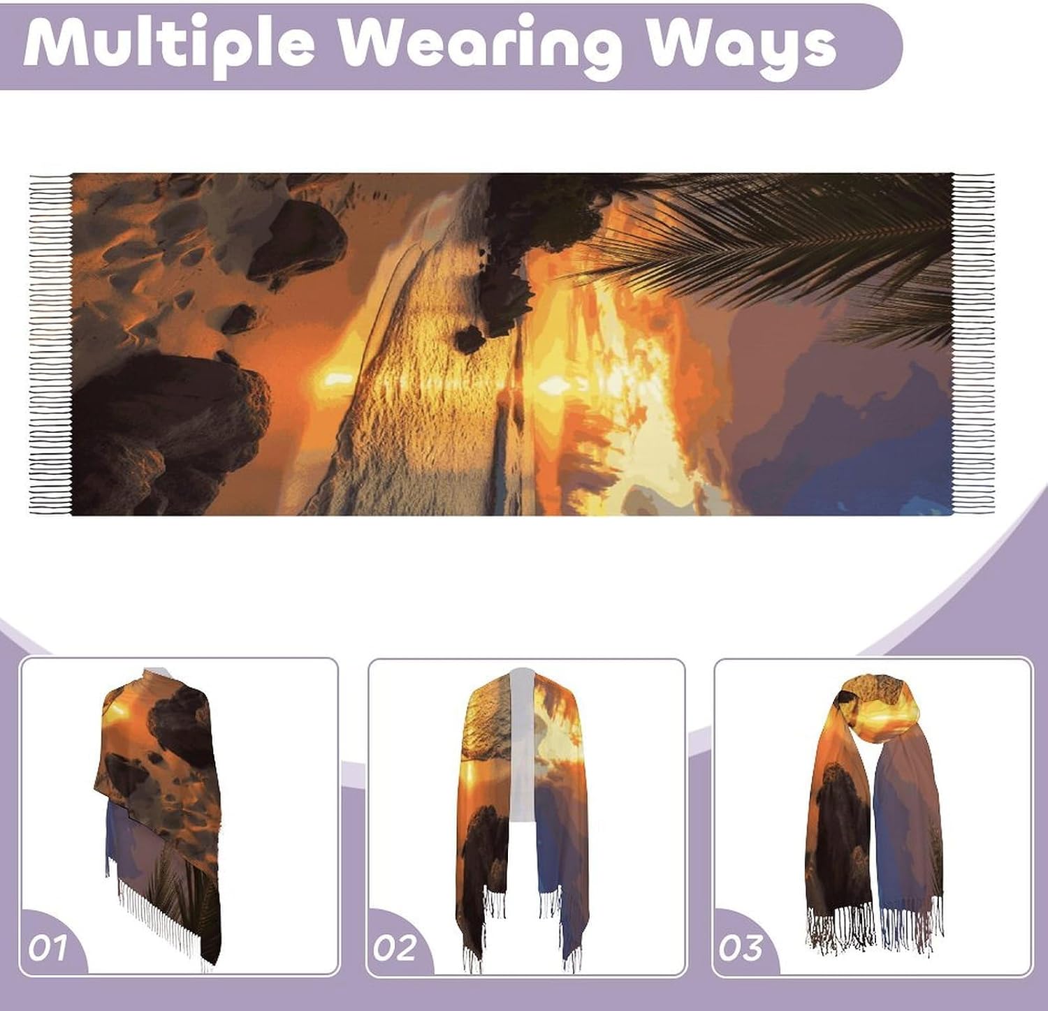 Tropical Beach Coastal Sunset Winter Scarf for Women Soft Tassel Scarves Oversized Wraps Long Shawl Cold Weather Thick Blanket Scarfs