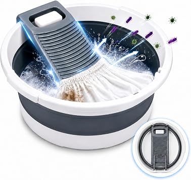 8 Gallon Collapsible Washboard Basin for Hand Washing Clothes, Portable Foldable Laundry Tub with Built-in Scrubber, Space-Saver for Home, Apartment, Dorm, RV & Camping